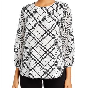 Calvin Klein Check Print Blouson-Sleeve Blouse